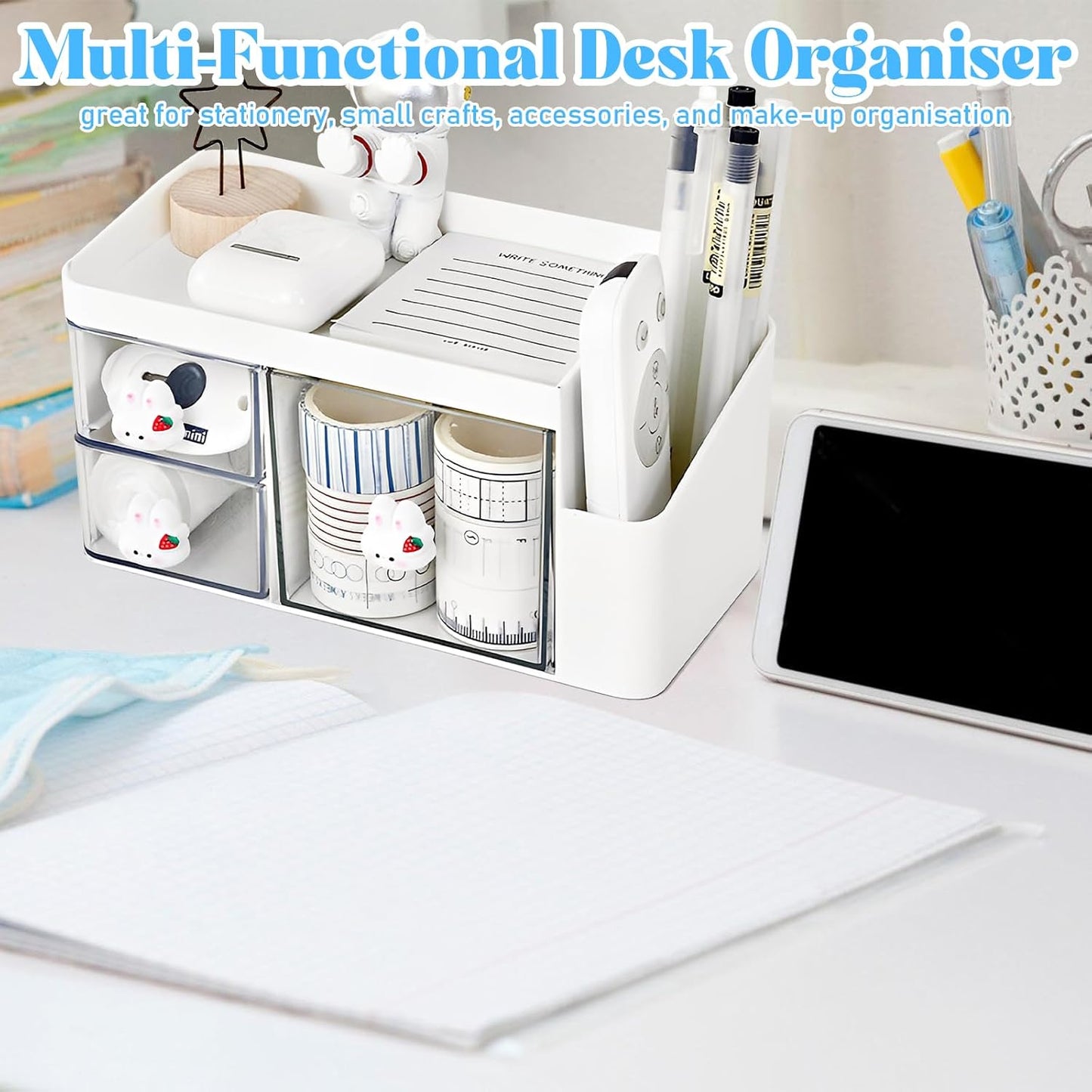 Marte Vanci Desk Organizer with 3 Drawers, Cute Desktop Stationery Organizer, Plastic Makeup Storage Box, Multifunctional Desk Accessories Tidy Caddy for Art Supplies Crafts White
