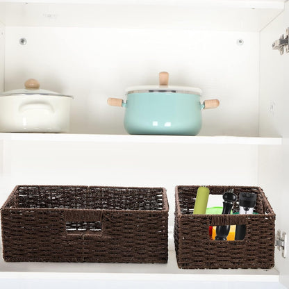 TOPZEA 2 Pack Large Rectangular Wicker Basket for Shelves, Kraft Paper Rope Woven Shelf Baske Storage Baskets with Handle, Decorative Closet Organizer Bins Organization for Home, Office, School