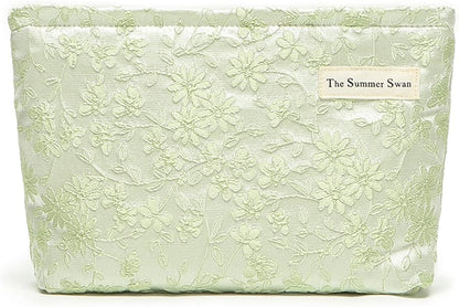 The Summer Swan | Large Aesthetic Floral Makeup Bag | Mid-day Clutch | Period Kit | Hygiene | Skincare | Embroidery Green Fabric Cosmetic Bag With Zipper