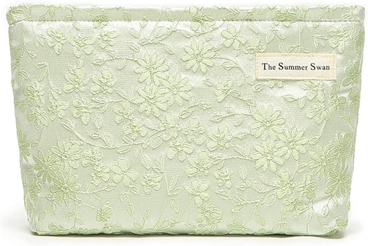 The Summer Swan | Large Aesthetic Floral Makeup Bag | Mid-day Clutch | Period Kit | Hygiene | Skincare | Embroidery Green Fabric Cosmetic Bag With Zipper