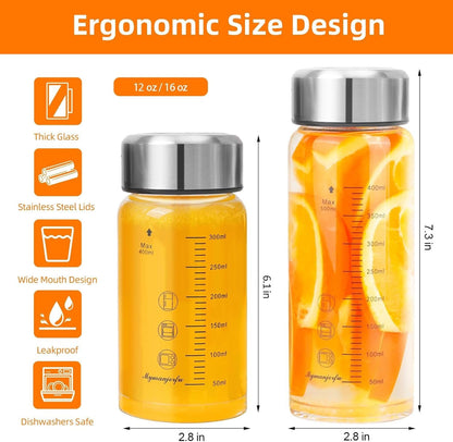 Glass Juice Bottles 4 Pack 12oz/400ml- Wide Mouth Glass Water Bottles with Lids - for Juicing, Smoothies, Milk, Protein, BPA Free, Reusable, Stainless Steel Lids, Leak Proof, Shaker bottle
