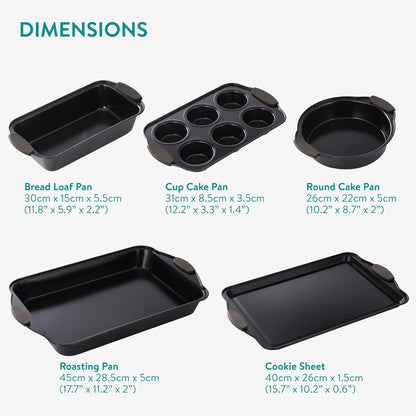 Navaris Non Stick Baking Trays, Set of 5 - Durable & Stackable Oven Baking Tray Kit - Bakeware Tins with Silicone Handles - Pans Ideal for Cake & Muffin Baking - Dishwasher Ready