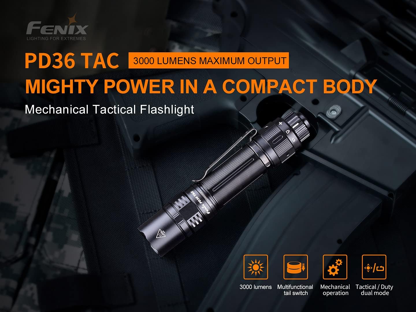 Fenix PD36 TAC 3000 Lumen Rechargeable Tactical Flashlight with 274m Beam & Up to 160hr Runtime – IP68 Waterproof LED Torch with 6 Brightness Levels USB-C Rechargeable Searchlight