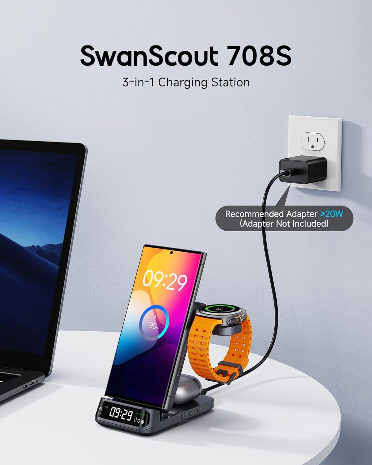 SwanScout 708S Wireless Charging Station for Samsung, 3 in 1 Wireless Charger for Samsung S25/S24/S23/S22/S21/Z Flip/Fold, for Galaxy Watch 7/Ultra/6/5, Galaxy Buds 3/3 Pro (NO Adapter)