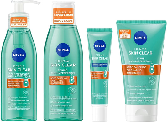 NIVEA Special Pack Derma Skin Clear Anti Blemishes, Facial Cleanser Gel 150 ml + Night Face Peeling 40 ml + Face and Body Scrub 150 ml + Astringent Face Toner 200 ml