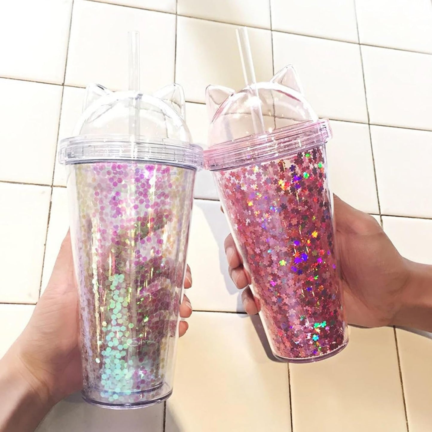 Glitter Water Bottle with Straw, 2Pcs Cute Girls Water Bottles Double Layer Water Cup Kawaii Drinking Cup Outdoor Indoor Water Bottle for School Kids, Pink & Clear