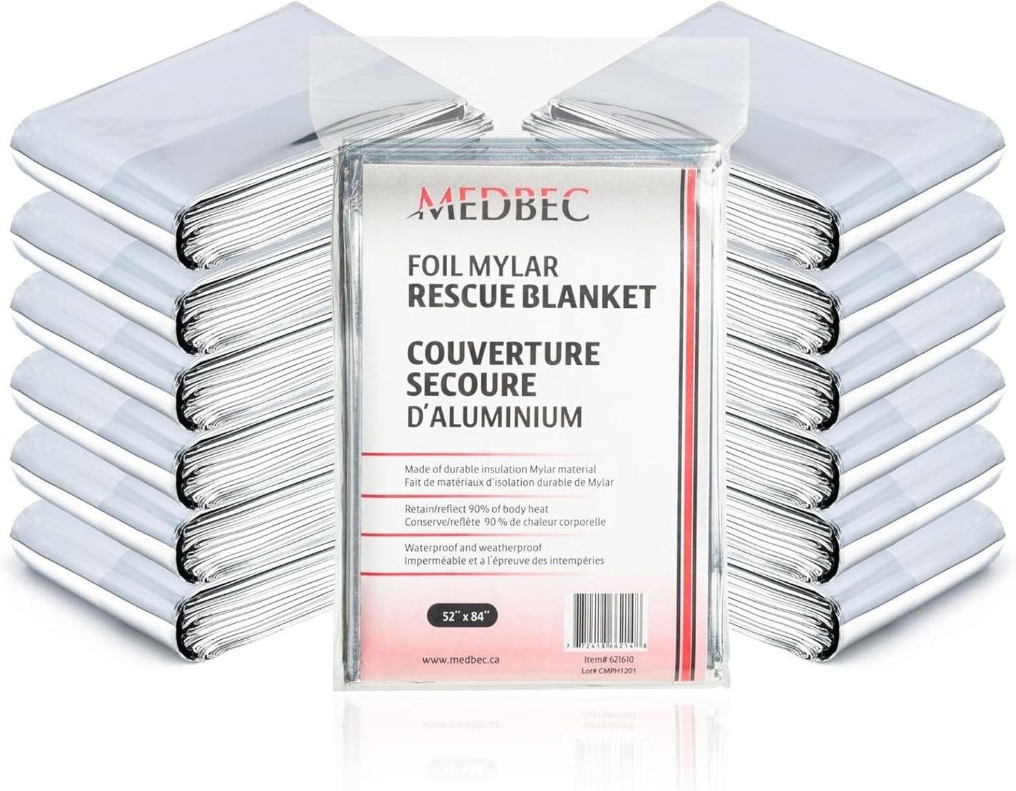 Medbec Emergency Foil Mylar Thermal Blanket, 52" Length x 84" Width, Silver (Pack of 12)