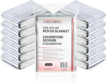 Medbec Emergency Foil Mylar Thermal Blanket, 52" Length x 84" Width, Silver (Pack of 12)
