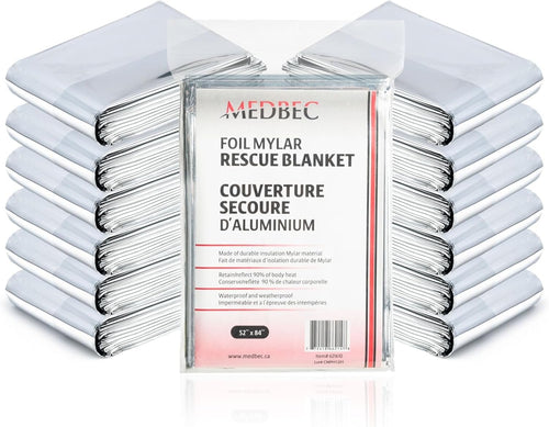 Medbec Emergency Foil Mylar Thermal Blanket, 52" Length x 84" Width, Silver (Pack of 12)