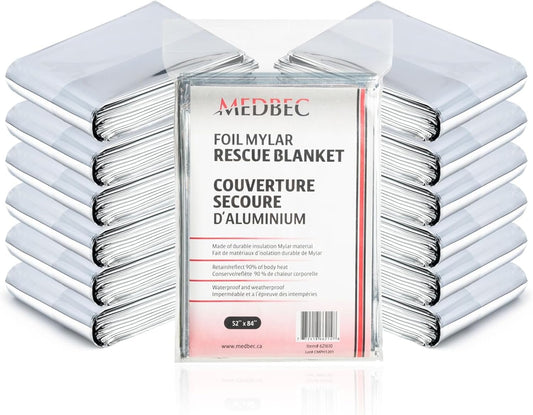 Medbec Emergency Foil Mylar Thermal Blanket, 52" Length x 84" Width, Silver (Pack of 12)