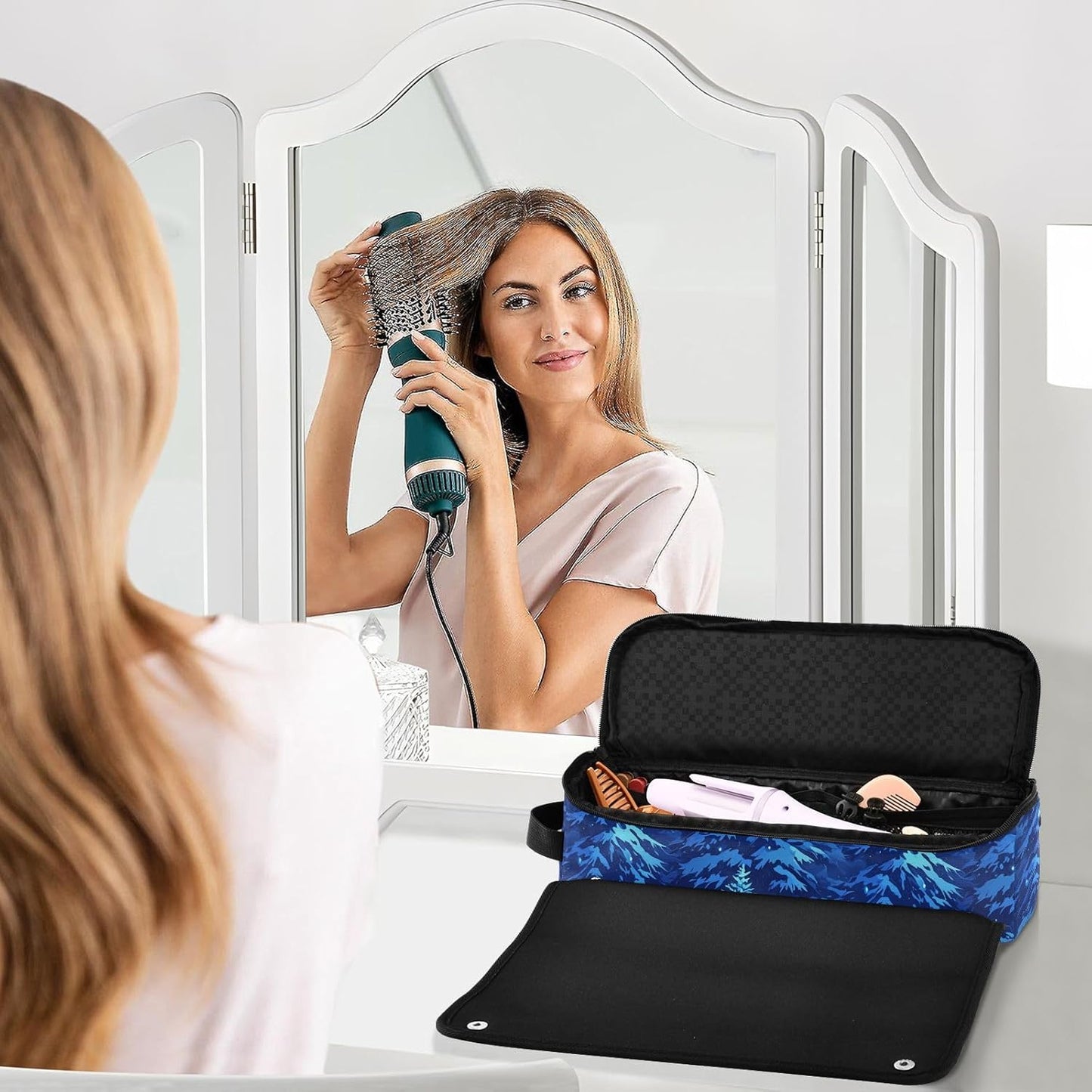 Blue Forests - Organizer 2 in 1 per strumenti per capelli e tappetino resistente al calore, grande capacità, organizer portatile per strumenti caldi e accessori per la cura dei capelli