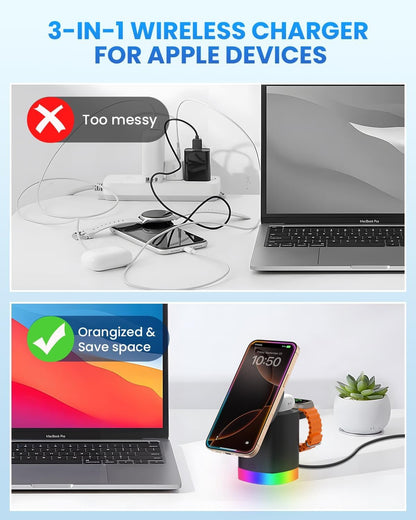 GEEKERA 3-in-1 Magnetic Charger Stand, Foldable Station with Night Lights, Magnetic Charger Dock for iPhone 16/15/14/13/12 Pro/Max, AirPods 4-2,Apple Watch 2-10/Ultra(Black)