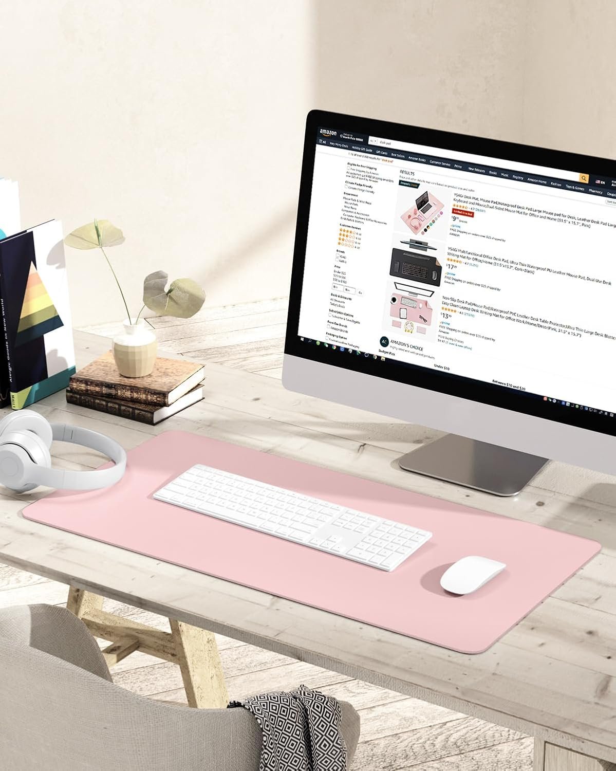YSAGi Non-Slip Desk Pad,Mouse Pad,Waterproof PVC Leather Desk Table Protector,Ultra Thin Large Desk Blotter, Easy Clean Laptop Desk Writing Mat for Office Work/Home/Decor (Pink, 31.5" x 15.7")