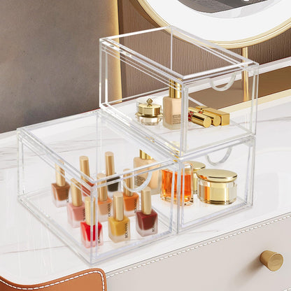 AMEITECH Stackable Cosmetic Organizer Drawers, Acrylic Clear Makeup Organizer, Vanity Container Drawer for Cosmetics, Skin Care, Hair Accessories, Bathroom Counter or Dresser - Set of 2