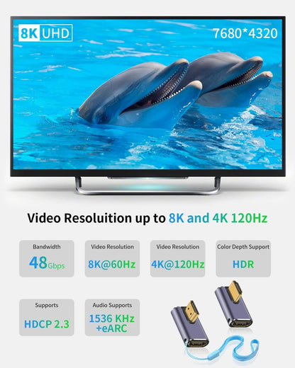 Duttek 8K 90 Degree HDMI Adapter, Left&Right Angle HDMI Adapter 48Gbps, UHD HDMI 2.1 Male to Female Extender with Support 8K@60hz HDMI Port for Video 3D HDR, Nintendo Switch 2Pack