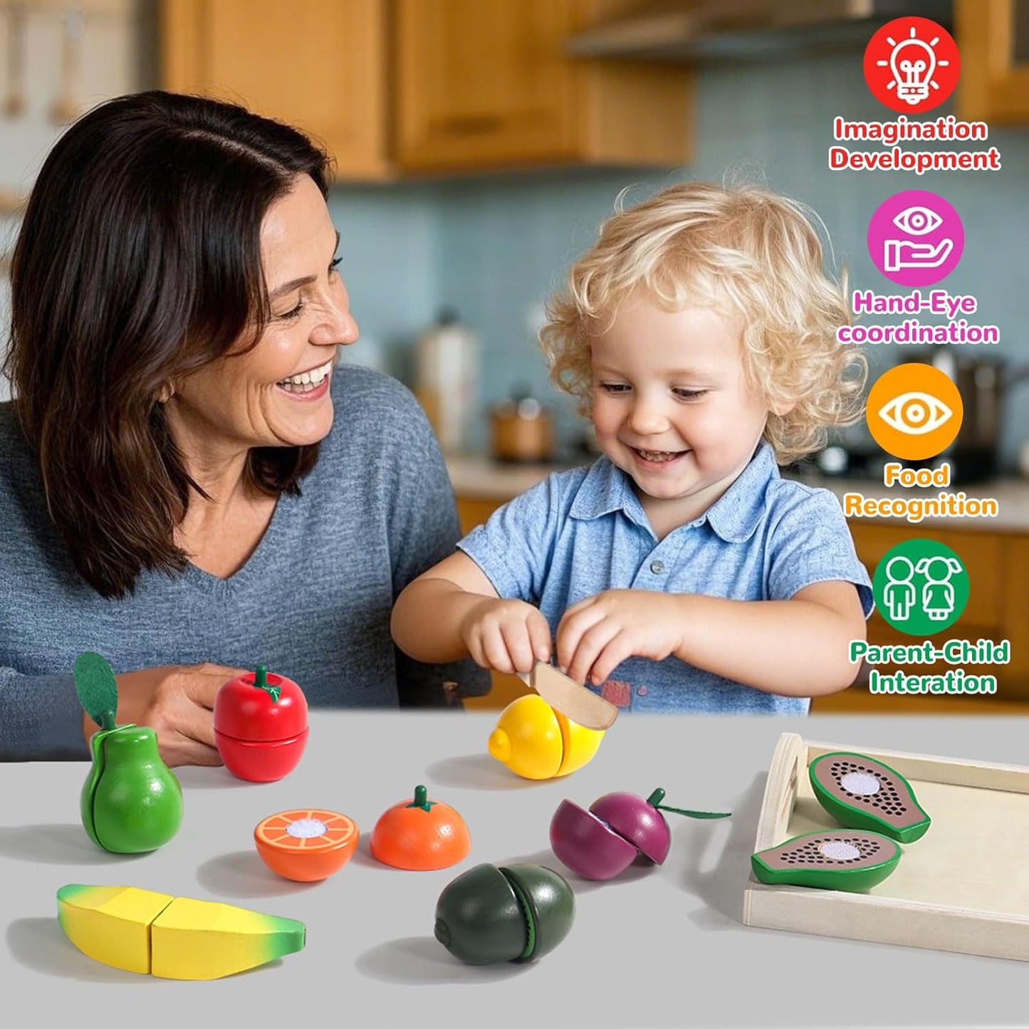 Montessori Toys for 2 Year Old Play Food Cutting Toy Wooden Toys Pretend Play Kitchen Accessories for Kids Fake Food Pretend Play Kitchen Set for Kids 2 3 4 Girls Boys Party Games