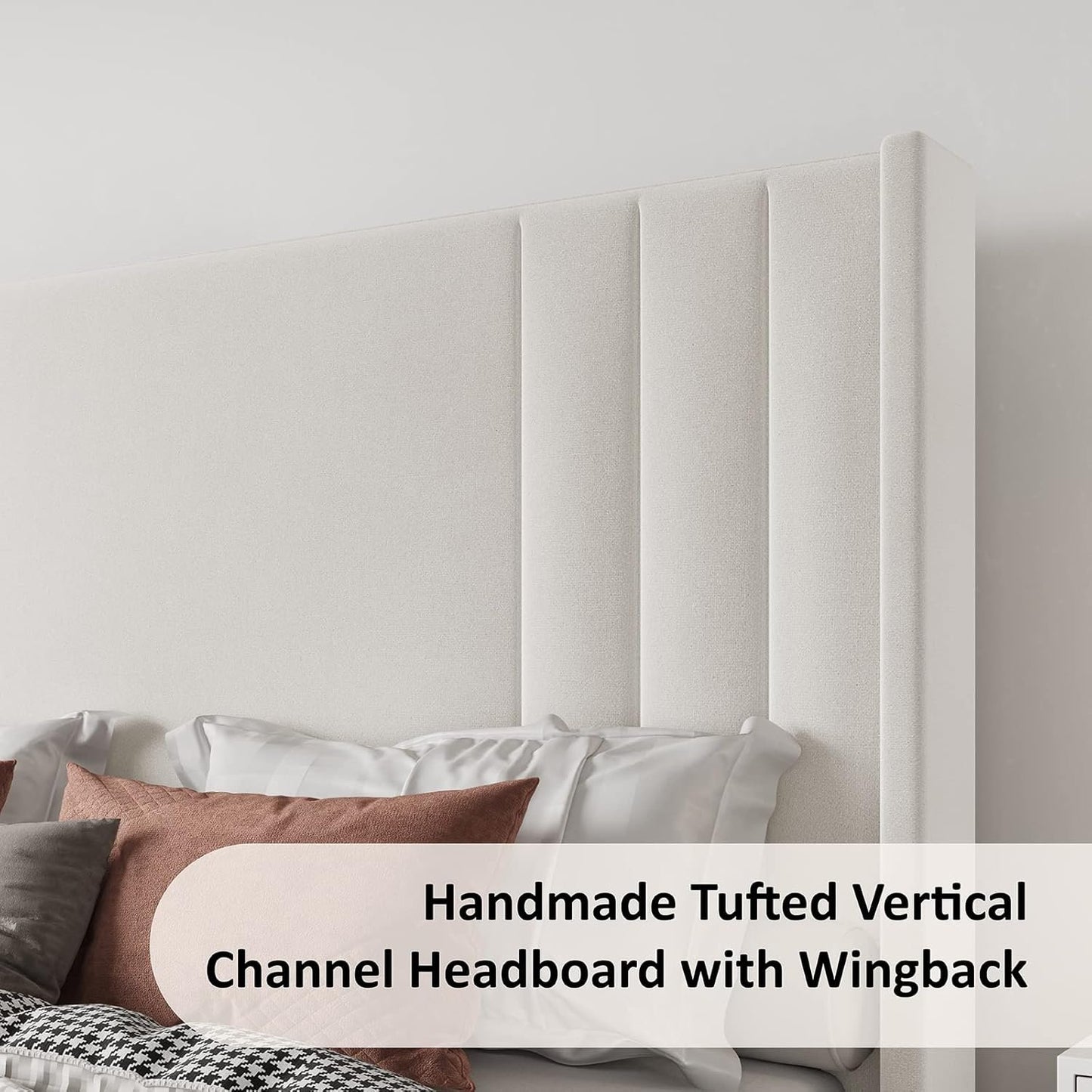 Jocisland Queen Size Platform Bed Frame, Upholstered Bed with Vertical Channel Tufted Wingback Headboard & Footboard, Premium Velvet, No Box Spring Needed, Cream