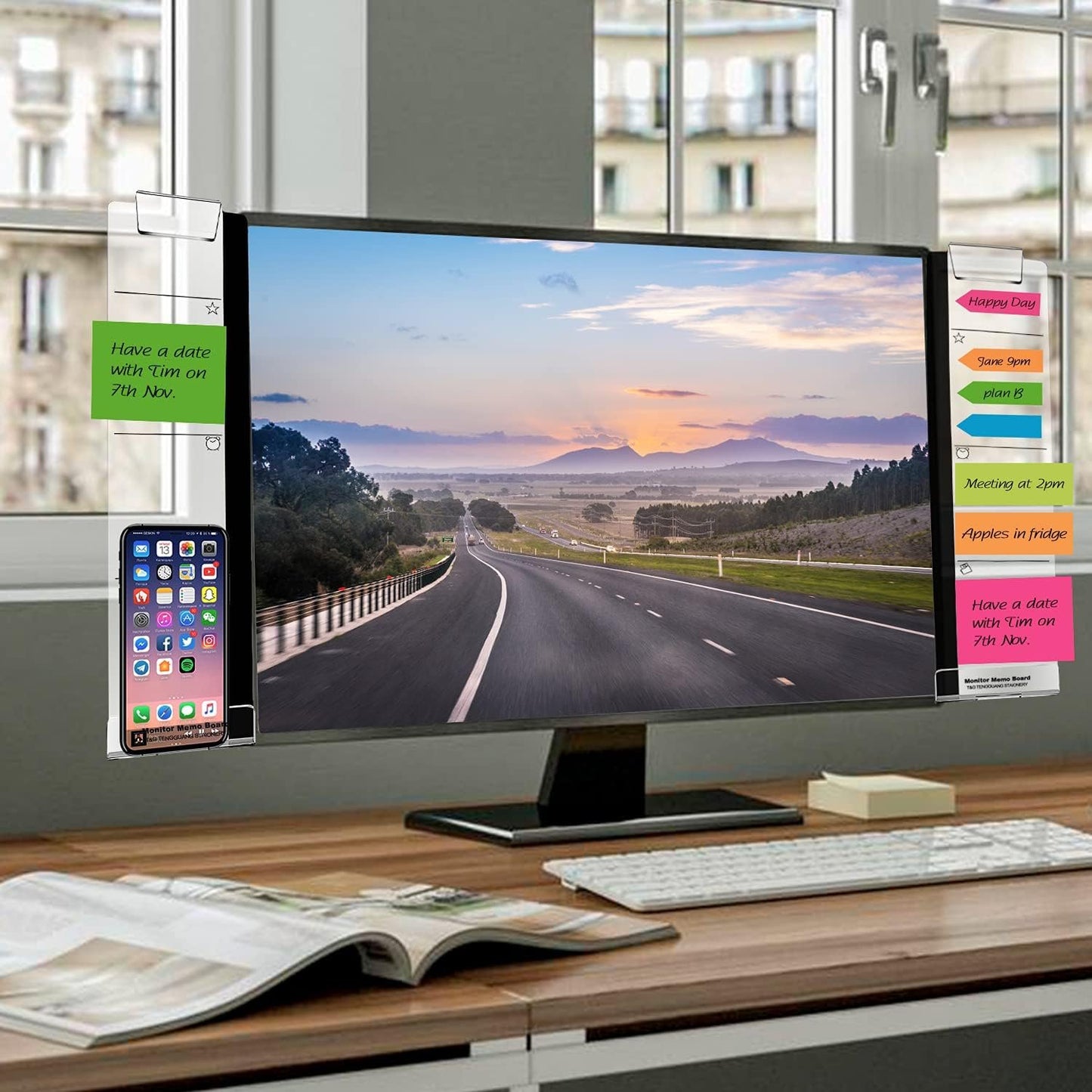 Monitor Memo Boards for Computer, Set of 2 (Left & Right) Multifunction Acrylic Screen Message Reminder Pad Side Panels Phone Holder - Utility Organizer for Office Desktop, Gift of 1 Pack Sticky Notes