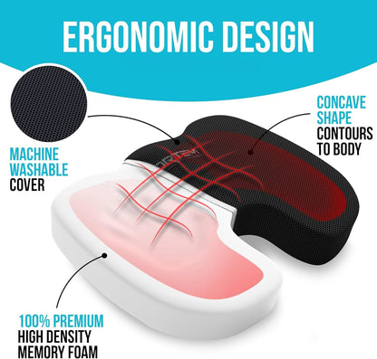 FORTEM Chair Cushion, Seat Cushion for Office Chair, Car Seat Cushion, Coccyx Orthopedic Pillow, Memory Foam Sitting Pillow for Computer, Seat Pad for Gaming, Washable Cover