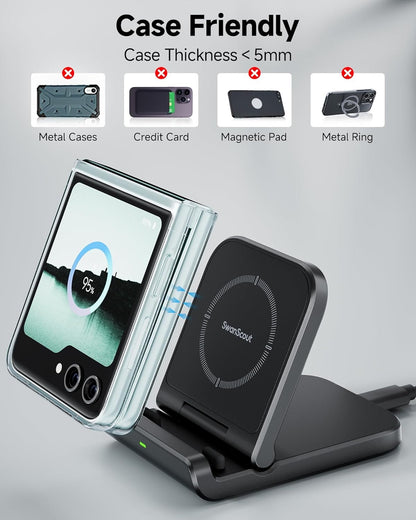 SwanScout Wireless Charger for Samsung Galaxy Z Flip 6, Foldable Phone Charging Station for Galaxy Z Flip 5/4/3, Motorola RAZR 60 Ultra/60/50/40, SwanScout 501S (No Adapter)