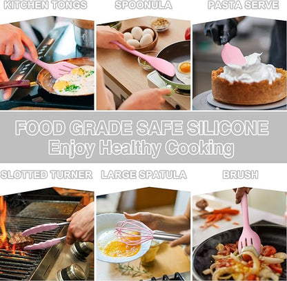 Umite Chef 22Pcs Silicone Cooking Utensils Set, Heat Resistant Silicone Kitchen Spatulas Set with Holder, Cooking Gadgets Tools Set for Nonstick Cookware, Dishwasher Safe(Pink)