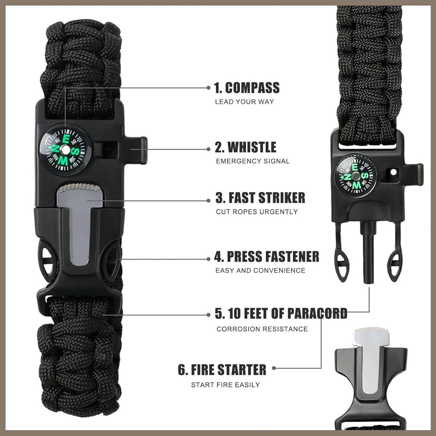 2 Pack Adjustable Paracord Bracelets Kit, Ourtdoor Survival Bracelets Gift with Firestart Whistle Loudest Camping Compass