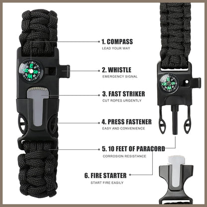 2 Pack Adjustable Paracord Bracelets Kit, Ourtdoor Survival Bracelets Gift with Firestart Whistle Loudest Camping Compass