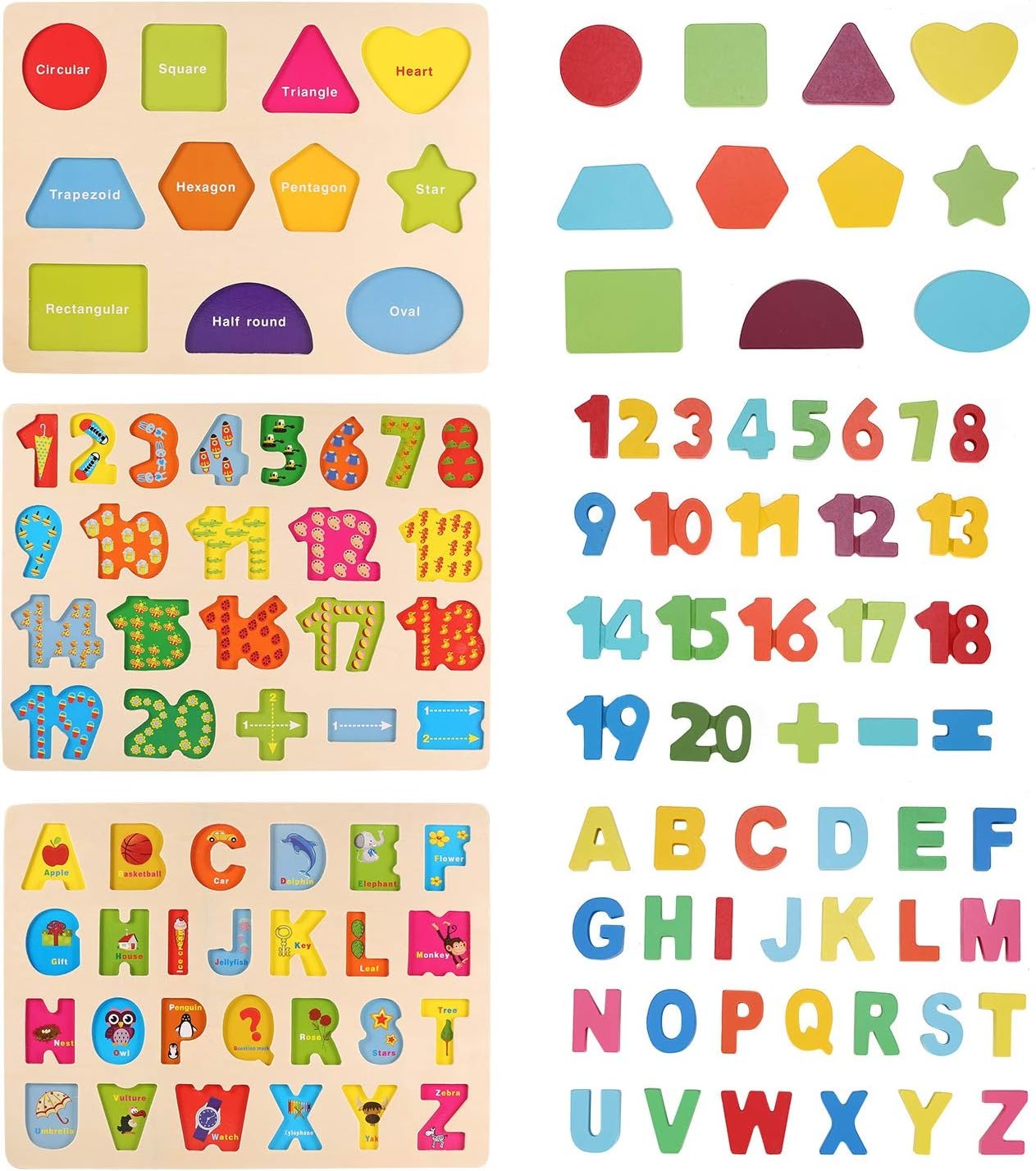 LENNYSTONE Wooden Puzzles for Toddlers, Wooden Alphabet ABC Numbers Shapes Puzzles Boards Early Educational Learning Toys for Kids Age 3 4 5 6 7 Years Old, Chunky Letters Jigsaw Puzzle