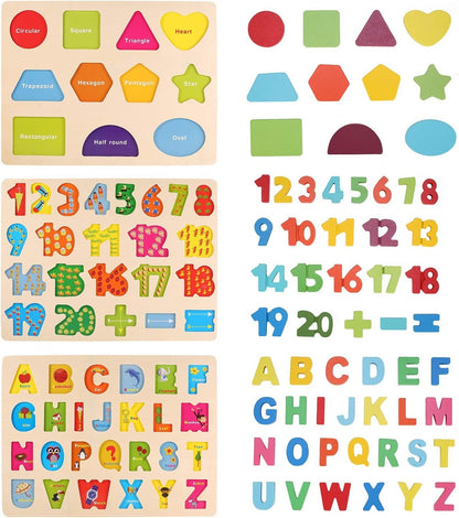 LENNYSTONE Wooden Puzzles for Toddlers, Wooden Alphabet ABC Numbers Shapes Puzzles Boards Early Educational Learning Toys for Kids Age 3 4 5 6 7 Years Old, Chunky Letters Jigsaw Puzzle