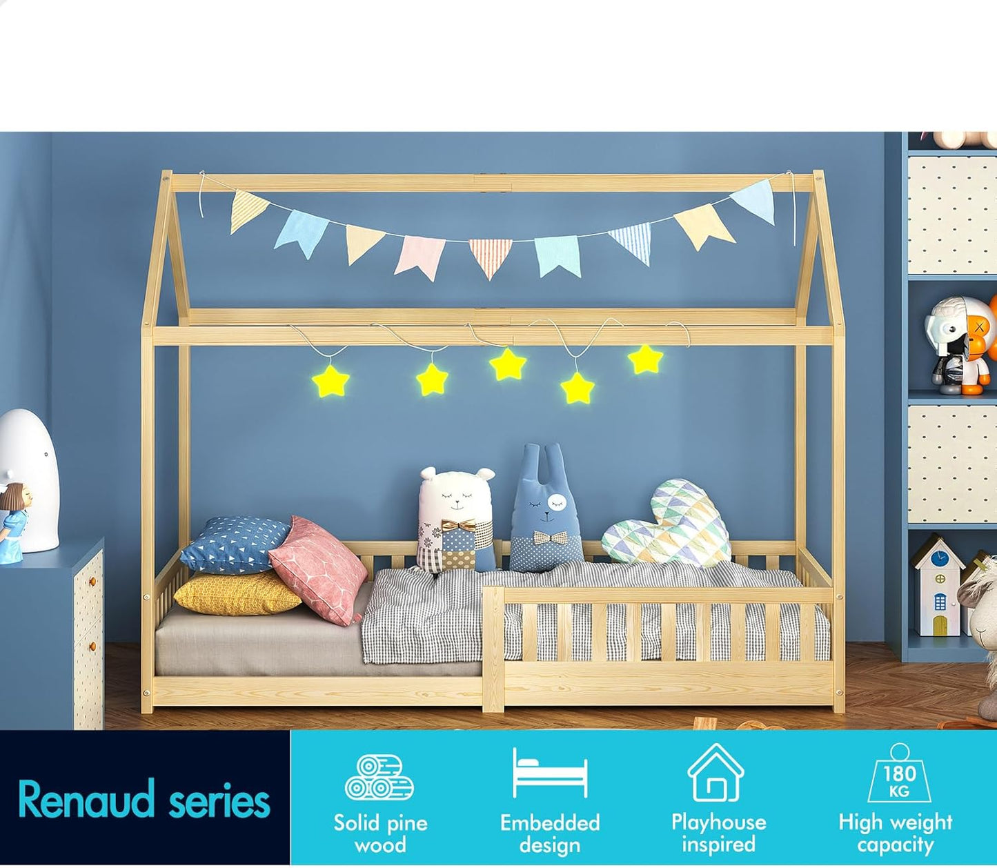 ALFORDSON Renaud Series Oak Kids Bed Frame, Wooden Bedroom Furniture, House Frame Single Mattress Base Platform, Solid Pine Wood Bed Base Foundation Children's Beds