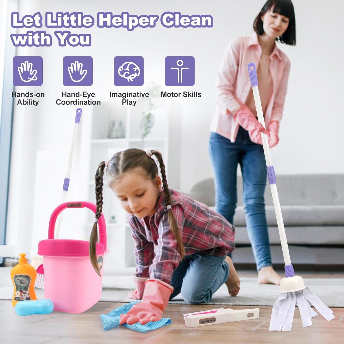 Coolplay Kids Cleaning Set for Toddlers Pretend Play Broom Set, 12pcs Mop and Cleaning Toys Set Pretend Playset Detachable Broom Mop Dustpan Pink Toy for Girls