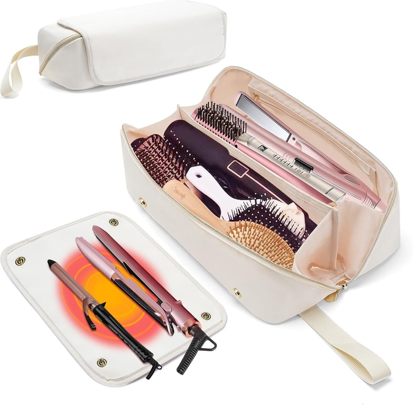 Kannino Hair Tools Travel Bag and Heat Resistant Mat, 2 in 1 Hot Tools Travel Bag for Straightener, Curling Iron, Flat Irons, Hair Dryer, Portable Organizer Hair Travel Case, Hangable Handles (Beige)