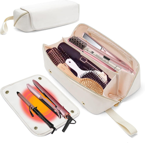 Kannino Hair Tools Travel Bag and Heat Resistant Mat, 2 in 1 Hot Tools Travel Bag for Straightener, Curling Iron, Flat Irons, Hair Dryer, Portable Organizer Hair Travel Case, Hangable Handles (Beige)