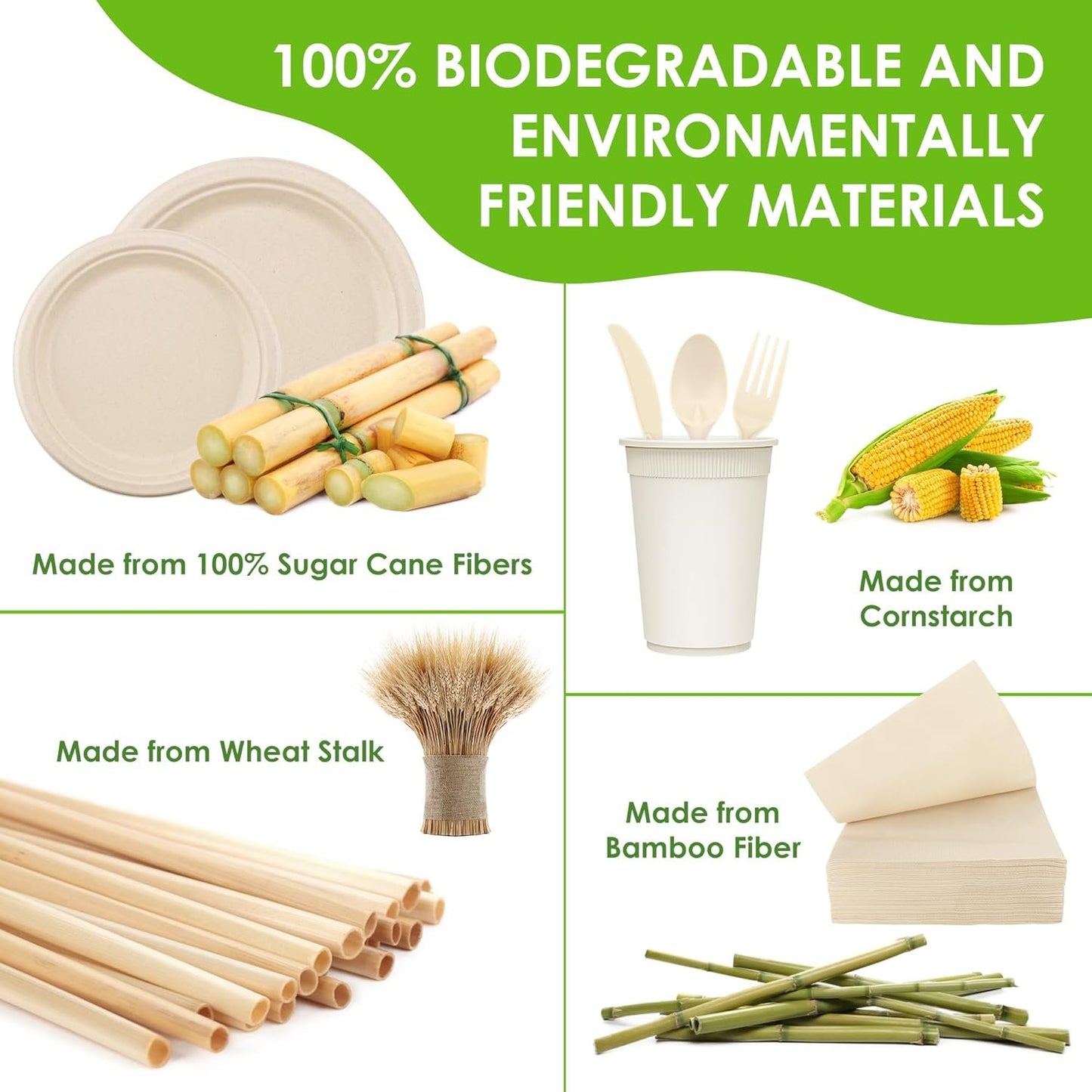 FEHHTO 400PCS Disposable Paper Plates Set, Compostable Eco-Friendly Dinnerware Set, Biodegradable Heavy-Duty Paper Plates, Utensils, Cups and Straws for Party Camping 50 People