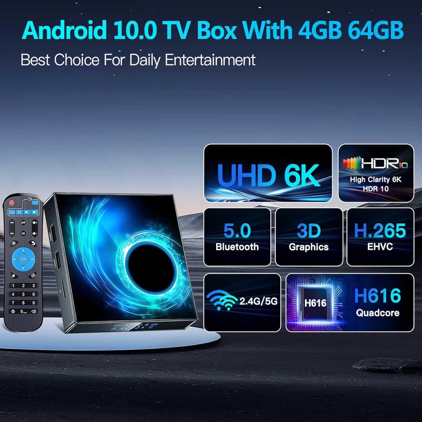T95 Android TV Box 2024, Android 10.0 TV Box 4GB RAM 64GB ROM, EASYTONE Android Box H616 Quad-Core 6K Full HD 5G Dual-Band Wi-Fi BT5.0 H.265 Smart TV Box with Baclight Wireless Keyboard