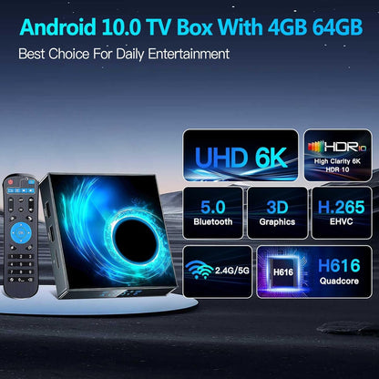 T95 Android TV Box 2024, Android 10.0 TV Box 4GB RAM 64GB ROM, EASYTONE Android Box H616 Quad-Core 6K Full HD 5G Dual-Band Wi-Fi BT5.0 H.265 Smart TV Box with Baclight Wireless Keyboard