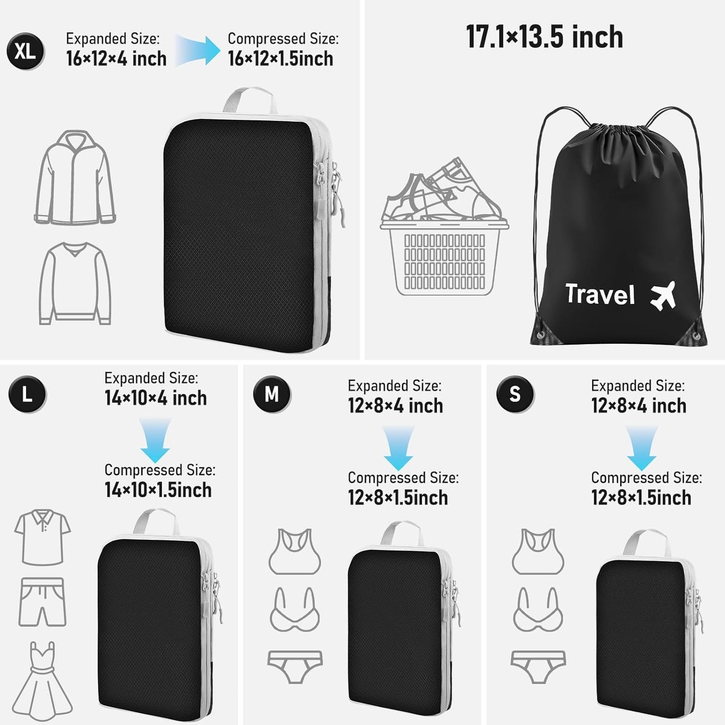 Compression Packing Cubes 5 Set Travel Luggage Packing Organizer Bag Expandable Travel Organizer Cubes For Carry On Luggage Suitcase Compressible Travel Essentials Accessories for Women Men Black