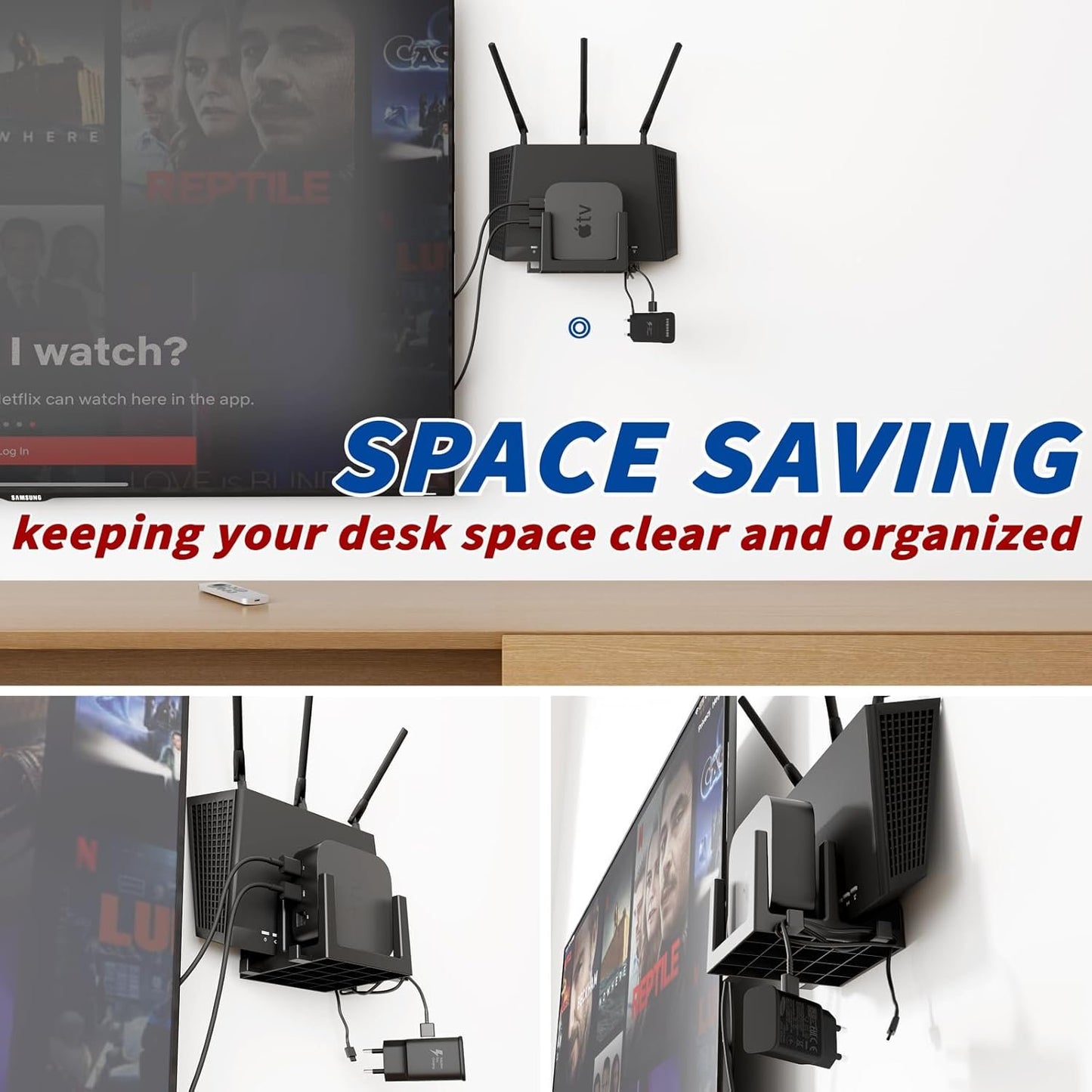 sciuU Wall Mount for Router, TV Box, Modem, Network Switch – Shelf for 2 Devices with Thickness < 3.8 cm / 4.3 cm – Compatible with Apple TV, Xiaomi Mi Box, Roku, TP-Link, ASUS, Sky Q Mini