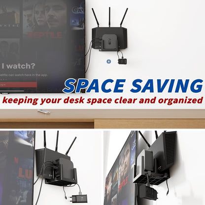 sciuU Wall Mount for Router, TV Box, Modem, Network Switch – Shelf for 2 Devices with Thickness < 3.8 cm / 4.3 cm – Compatible with Apple TV, Xiaomi Mi Box, Roku, TP-Link, ASUS, Sky Q Mini