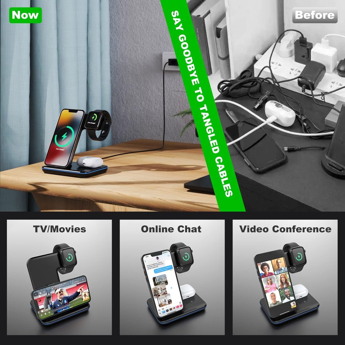 Minthouz 3 in 1 Wireless Charger (18W QC3.0 Adapter Included),15W Fast Wireless Charging Station for Smart Phone/iWatch/TWS Earphones, Compatible with iPhone 15 14 13 12 11 X8 Series, Samsung S22-S21+
