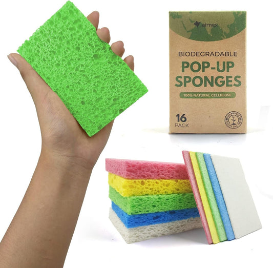 AIRNEX Biodegradable Compressed Cellulose Sponges - Pack of 16 Multicolour Pop Up Kitchen Sponges for Dishes - Non scratch Natural Eco Household Cleaning Sponges - Multipurpose Heavy Duty Dish Sponges