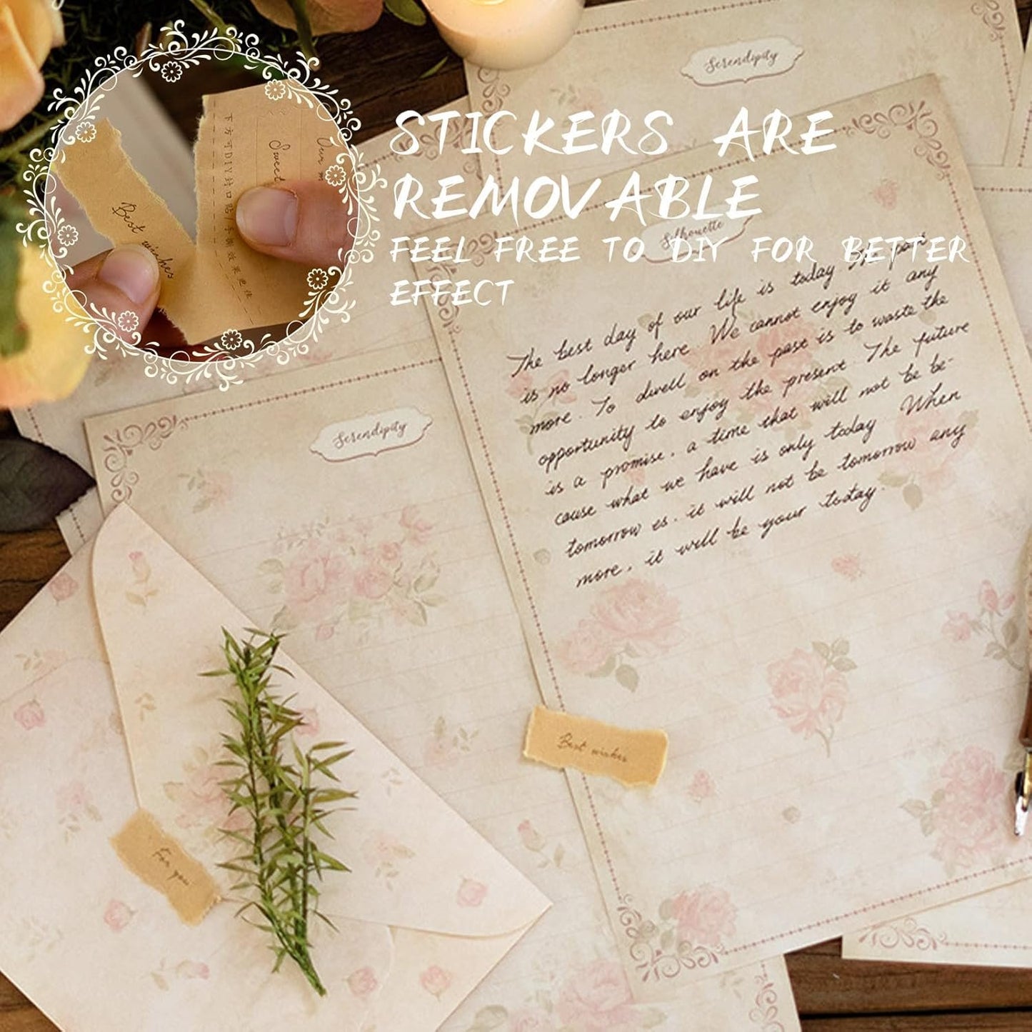 LELE LIFE Vintage Floral Stationary Paper and Envelopes Set, 4 Styles Aged Antique Lined Stationery Sets for Letter Writing Kit, 150GSM Thick Double Sided Old Paper,Style A