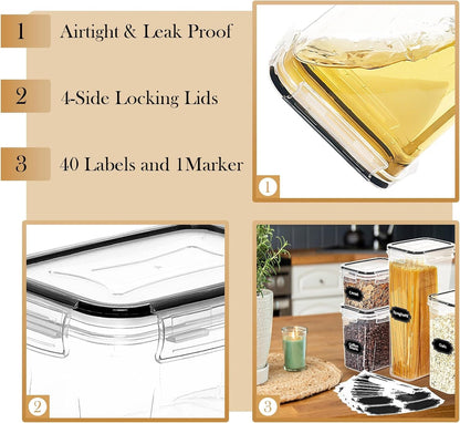 32 PCS Airtight Food Storage Containers with Lids, Skroam Kitchen and Pantry Organizers and Storage, BPA Free, Plastic Food Storage Canisters for Flour, Sugar, and Cereal, Labels & Marker