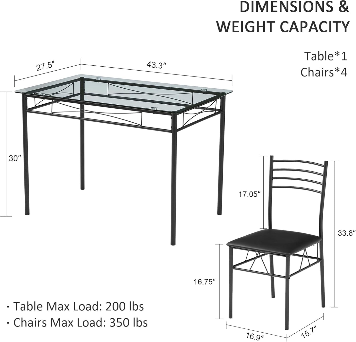 VECELO Kitchen Dining Room Table and Chairs Set for 4, PU Padded Seat & Glasses Tabletop, Space Saving, Matte Black