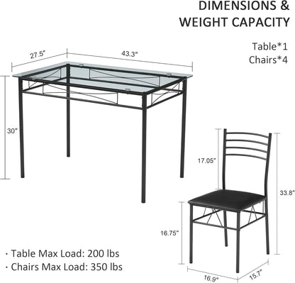 VECELO Kitchen Dining Room Table and Chairs Set for 4, PU Padded Seat & Glasses Tabletop, Space Saving, Matte Black
