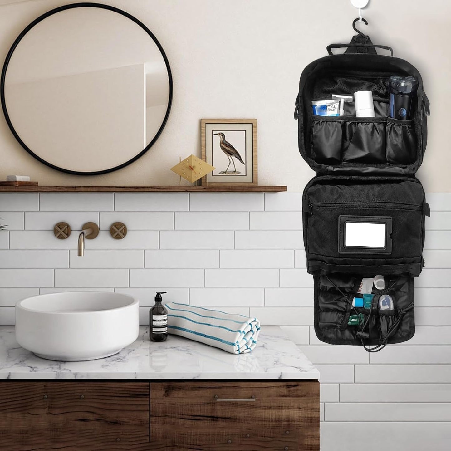 SMONT Mens Toiletry Travel Bag With Double Side full Open Design Travel Toiletry Organizer Dopp Kit Shaving Hygiene Bag Bathroom Hanging Toiletry Bag for Short Trips Tactical Toiletry Bag, Black