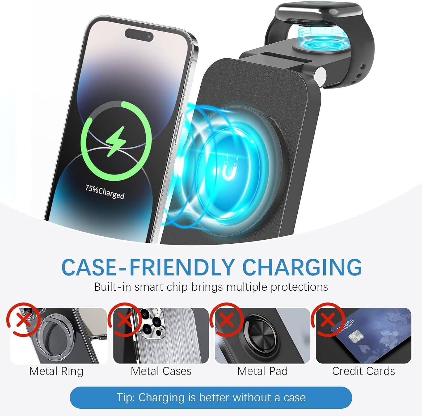 Besswin 3 in 1 Charging Station for Apple Devices, 15W Fast Wireless Charger for iPhone 16 15 14 13 12 11 X Pro Max & for Apple Watch 8/7/SE/6/5, Wireless Charging Stand Compatible with AirPods 4/3/2