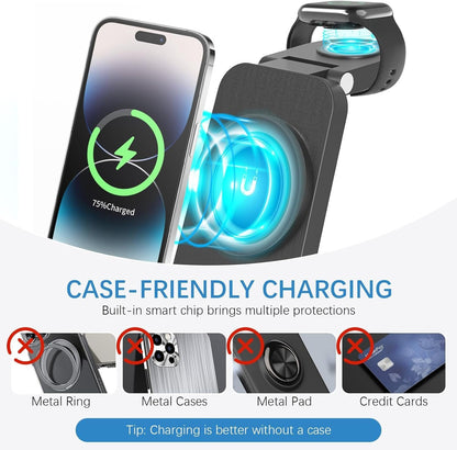 Besswin 3 in 1 Charging Station for Apple Devices, 15W Fast Wireless Charger for iPhone 16 15 14 13 12 11 X Pro Max & for Apple Watch 8/7/SE/6/5, Wireless Charging Stand Compatible with AirPods 4/3/2