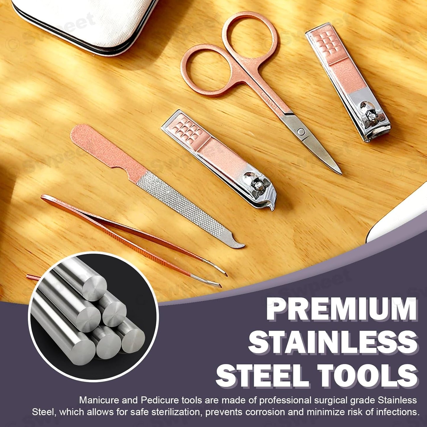 Swpeet 12Pcs Manicure Set, Nail Clippers Set, High Precisio Stainless Steel Nail Cutter Pedicure Kit Grooming Kit Manicure Fingernails, Toenails with Portable Stylish Case for Personal Care, Rose Gold