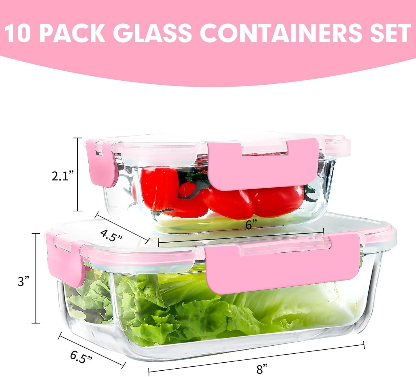 VERONES 10Pack Glass Meal Prep Containers, Airtight Glass Lunch Containers,Stackable Glass Food Storage Containers Set with Lids,Exclusive of BPA, for Microwave,Oven, Freezer&Dishwasher Friendly,Pink